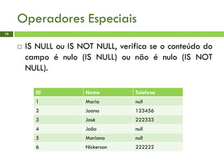 Operadores Especiais
10
 IS NULL ou IS NOT NULL, verifica se o conteúdo do
campo é nulo (IS NULL) ou não é nulo (IS NOT
NULL).
ID Nome Telefone
1 Maria null
2 Joana 123456
3 José 222333
4 João null
5 Mariana null
6 Nickerson 222222
 