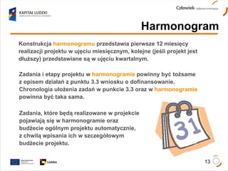 Harmonogram Konstrukcja  harmonogramu   przedstawia pierwsze 12 miesięcy realizacji projektu w ujęciu miesięcznym, kolejne (jeśli projekt jest dłuższy) przedstawiane są w ujęciu kwartalnym. Zadania i etapy projektu w   harmonogramie   powinny być tożsame  z opisem działań z punktu 3.3 wniosku o dofinansowanie. Chronologia ułożenia zadań w punkcie 3.3 oraz w   harmonogramie  powinna być taka sama. Zadania, które będą realizowane w projekcie  pojawiają się w harmonogramie oraz  budżecie ogólnym projektu automatycznie,  z chwilą wpisania ich w szczegółowym  budżecie projektu. 