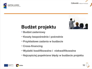 Budżet projektu Budżet zadaniowy Koszty bezpośrednie i pośrednie Przykładowe zadania w budżecie Cross-financing Wydatki kwalifikowalne i  niekwalifikowalne Najczęściej popełniane błędy w budżecie projektu 