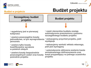 Budżet projektu Budżet w projekcie Budżet projektu Szczegółowy budżet projektu wypełniany jest w pierwszej kolejności zawiera poszczególne koszty jednostkowe, w tym wynagrodzenia personelu zawiera tylko koszty kwalifikowalne wyrażone  w polskich złotych zawiera koszty bezpośrednie poszczególnych zadań oraz koszty pośrednie projektu część elementów budżetu zostaje automatycznie przeniesiona z poziomu szczegółowego budżetu projektu wskazujemy przychód projektu, jeśli występuje wskazujemy wartość wkładu własnego, jeśli jest wymagany automatycznie obliczona zostanie kwota wnioskowanego dofinansowania oraz koszt przypadający na jednego uczestnika projektu 