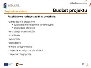 Przykładowe zadania Przykładowe rodzaje zadań w projekcie :  zarządzanie projektem działania informacyjno- promocyjne ewaluacja projektu  rekrutacja uczestników szkolenie warsztaty doradztwo studia podyplomowe zajęcia artystyczne dla dzieci zajęcia z logopedą Budżet projektu 