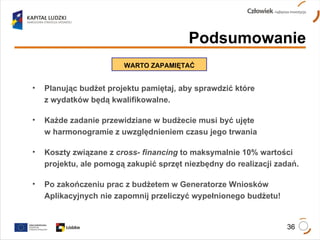 Podsumowanie WARTO ZAPAMIĘTAĆ Planując budżet projektu pamiętaj, aby sprawdzić które  z wydatków będą kwalifikowalne. Każde zadanie przewidziane w budżecie musi być ujęte  w harmonogramie z uwzględnieniem czasu jego trwania  Koszty związane z  cross- financing  to maksymalnie 10% wartości projektu, ale pomogą zakupić sprzęt niezbędny do realizacji zadań. Po zakończeniu prac z budżetem w Generatorze Wniosków Aplikacyjnych nie zapomnij przeliczyć wypełnionego budżetu! 