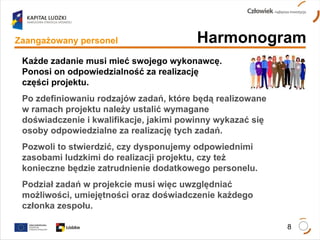 Harmonogram Zaangażowany personel Każde zadanie musi mieć swojego wykonawcę. Ponosi on odpowiedzialność za realizację  części projektu. Po zdefiniowaniu rodzajów zadań, które będą realizowane w ramach projektu należy ustalić wymagane doświadczenie i kwalifikacje, jakimi powinny wykazać się osoby odpowiedzialne za realizację tych zadań.  Pozwoli to stwierdzić, czy dysponujemy odpowiednimi zasobami ludzkimi do realizacji projektu, czy też konieczne będzie zatrudnienie dodatkowego personelu. Podział zadań w projekcie musi więc uwzględniać możliwości, umiejętności oraz doświadczenie każdego członka zespołu.  