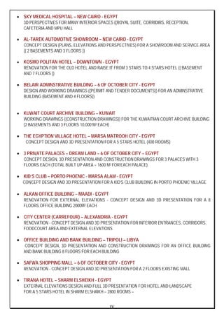 IV
• SKY MEDICAL HOSPITAL – NEW CAIRO - EGYPT
3D PERSPECTIVES FOR MANY INTERIOR SPACES ((ROYAL SUITE, CORRIDIRS, RECEPTION,
CAFETERIA AND MPU HALL
• AL-TAREK AUTOMOTIVE SHOWROOM – NEW CAIRO - EGYPT
CONCEPT DESIGN (PLANS, ELEVATIONS AND PERSPECTIVES) FOR A SHOWROOM AND SERVICE AREA
(( 2 BASEMENTS AND 3 FLOORS ))
• KOSMO POLITAN HOTEL – DOWNTOWN - EGYPT
RENOVATION FOR THE OLD HOTEL AND RAISE IT FROM 3 STARS TO 4 STARS HOTEL (( BASEMENT
AND 7 FLOORS ))
• BELAIR ADMINSTRATIVE BUILDING – 6 OF OCTOBER CITY - EGYPT
DESIGN AND WORKING DRAWINGS ((PERMIT AND TENDER DOCUMENTS)) FOR AN ADMINSTRATIVE
BUILDING (BASEMENT AND 4 FLOORS))
• KUWAIT COURT ARCHIVE BUILDING – KUWAIT
WORKING DRAWINGS ((CONSTRUCTION DRAWINGS)) FOR THE KUWAITIAN COURT ARCHIVE BUILDING
(2 BASEMENTS AND 3 FLOORS 10,000 M2 EACH)
• THE EGYPTION VILLAGE HOTEL – MARSA MATROOH CITY - EGYPT
CONCEPT DESIGN AND 3D PRESENTATION FOR A 5 STARS HOTEL (400 ROOMS)
• 3 PRIVATE PALACES – DREAM LAND – 6 OF OCTOBER CITY – EGYPT
CONCEPT DESIGN, 3D PRESENTATION AND CONSTRUCTION DRAWINGS FOR 3 PALACES WITH 3
FLOORS EACH (TOTAL BUILT UP AREA = 1600 M2 FOREACH PALACE)
• KID’S CLUB – PORTO PHOENIC - MARSA ALAM - EGYPT
CONCEPT DESIGN AND 3D PRESENTATION FOR A KID’S CLUB BUILDING IN PORTO PHOENIC VILLAGE
• ALKAN OFFICE BUILDING – MAADI - EGYPT
RENOVATION FOR EXTERNAL ELEVATIONS - CONCEPT DESIGN AND 3D PRESENTATION FOR A 8
FLOORS OFFICE BUILDING 2000M2 EACH
• CITY CENTER (CARREFOUR) – ALEXANDRIA - EGYPT
RENOVATION - CONCEPT DESIGN AND 3D PRESENTATION FOR INTERIOR ENTRANCES, CORRIDORS,
FOODCOURT AREA AND EXTERNAL ELEVATIONS
• OFFICE BUILDING AND BANK BUILDING – TRIPOLI – LIBYA
CONCEPT DESIGN, 3D PRESENTATION AND CONSTRUCTION DRAWINGS FOR AN OFFICE BUILDING
AND BANK BUILDING 8 FLOORS FOR EACH BUILDING
• SAFWA SHOPPING MALL – 6 OF OCTOBER CITY - EGYPT
RENOVATION - CONCEPT DESIGN AND 3D PRESENTATION FOR A 2 FLOORS EXISTING MALL
• TIRANA HOTEL – SHARM ELSHEIKH - EGYPT
EXTERNAL ELEVATIONS DESIGN AND FULL 3D PRESENTATION FOR HOTEL AND LANDSCAPE
FOR A 5 STARS HOTEL IN SHARM ELSHAIKH – 2800 ROOMS –
 
