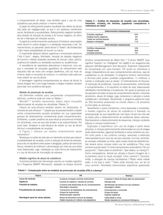 TCC no abuso de álcool e drogas S90



o comportamento de beber, mas também para o uso de uma
substância que possa produzir o mesmo efeito.
   O papel do reforçamento positivo resultante dos efeitos do álcool
não pode ser negligenciado, já que é um poderoso lubrificante
social, facilitando a sociabilidade. Reforçamento negativo também
atua através de redução da tensão e do humor negativo, do alívio
da dor e liberação de inibições sociais.
   O papel do condicionamento pavloviano é fortalecer associações
entre álcool (e outras drogas) e a satisfação associada a ele. Da
mesma forma, os operantes “pedir álcool” e “beber” são fortalecidos
e têm maior probabilidade de ocorrer no futuro.
   É importante destacar fatores cognitivos e emocionais próximos
(“isto é bom”, alegria, felicidade, redução de estados negativos
de humor) e efeitos distantes (acidente de veículo, lutas, polícia,      emotiva comportamental de Albert Ellis.13 O termo SMART (que
ausência do trabalho ou atividades escolares ou acadêmicas).             significa “esperto” ou “inteligente” em inglês) é um anagrama das
   A inexistência de repertórios alternativos é essencial, uma vez       palavras Self-Management And Recovery Treatment (tratamento
que a variedade de situações agradáveis de reforçamento está             de recuperação por auto-manejo). Ele ajuda os indivíduos a
reduzida (não sai mais com amigos abstêmios, não vai mais ao             atingir independência de seus comportamentos adictivos, seja de
cinema, teatro e concertos de música), e o indivíduo está cada vez       substâncias ou de atividades. O programa fornece instrumentos
mais restrito ao uso do álcool.                                          e técnicas para quatro questões programáticas: 1) melhorar e
   A abordagem cognitivo-comportamental ao abuso de álcool (e            manter a motivação para se abster; 2) enfrentamento de fissuras;
outras drogas) tem uma longa tradição e integra modelos variados         3) resolução de problemas, manejo de pensamentos, sentimentos
para lidar com problema tão grave.                                       e comportamentos; e 4) equilíbrio no estilo de vida, balanceando
                                                                         satisfações momentâneas e duradouras. Ele ajuda as pessoas a se
   Modelo de prevenção de recaídas                                       recuperarem de todos os tipos de comportamento adictivo, incluindo
   Há diferentes modelos para compreender comportamentos                 alcoolismo, abuso de drogas, jogo compulsivo e adicção a outras
adictivos, conforme pode ser visto na Tabela 1.                          substâncias e atividades. Atualmente, o programa patrocina mais
   Marlatt 8-10 também apresentou dados sobre situações                  de 300 encontros presenciais no mundo inteiro e 16 encontros
determinantes de recaídas em alcoolistas (Tabela 2).                     on-line todas as semanas.
   Fatores de auto-eficácia também devem ser destacados. O                  Semelhante a outros transtornos, como depressão e ansiedade,
conceito de auto-eficácia11,12 propõe que as pessoas tendem a repetir    o modelo cognitivo de abuso de substância é baseado na
certos comportamentos quando acreditam em sua capacidade                 pressuposição de que experiências nas fases iniciais da vida são
pessoal de desempenhar corretamente esses comportamentos.                as bases para o desenvolvimento de problemas dessa natureza.
Entretanto, o poder preditivo de auto-eficácia encontra-se limitado      Elas favorecem o desenvolvimento de esquemas, crenças nucleares
em alcoolistas, uma vez que eles tendem a ser autoconfiantes. Por        básicas e crenças condicionais.14
outro lado, fortalecer a auto-eficácia de resistir ao uso de álcool         Exposição e experiência com uso de drogas é parte desse
diminui a probabilidade de recaídas.                                     processo, e crenças particularmente relacionadas ao uso de drogas
   A Figura 1 oferece um melhor entendimento deste                       serão desenvolvidas, algumas facilitando e outras evitando seu uso.
mecanismo.9                                                              Em certo ponto o uso contínuo começa, associado a estímulos
   Mudanças no estilo de vida são um elemento central para reduzir       internos/externos em risco de uso (por exemplo, num bar, sentindo-
a probabilidade de recaídas, como a redução de fontes de estresse,       se cansado, entediado ou triste, após muitos meses de abstinência).
busca de um equilíbrio entre prazer a obrigação, prática de exercícios   Isto deverá ativar crenças sobre uso de substância (“Sou mais
físicos, tentativa de melhorar a alimentação por meio de uma dieta       sociável quando bebo”) e certos pensamentos automáticos (“Só um
mais balanceada, ioga, meditação ou outra forma de relaxamento           pouquinho”; “Todos estão se divertindo”; “Que diabos, eu mereço!”).
e o uso de técnicas de inoculação de estresse.                           Como conseqüência, deverá ser ativada a fissura (imagem de ir
                                                                         ao banheiro como no ritual; excitado! “Uma ‘carreira’”). Ocorrerá,
   Modelo cognitivo de abuso de substância                               então, a ativação de crenças facilitadoras (“Todos nesta cidade
   A primeira tentativa de intervenção usando um modelo cognitivo        estão ‘a mil hoje à noite”; “Todos estão fazendo isso; vai ser só
foi o Programa SMART Recovery©, baseado na terapia racional              uma carreira). Atividades instrumentais específicas aparecerão




                                                                                                        Rev Bras Psiquiatr. 2008;30(Supl II):S88-95
 