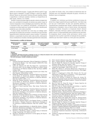 TCC no abuso de álcool e drogas S94



podem ser uma fonte de apoio: 1) quem pode oferecer ajuda? 2) que             que podem ter levado a elas. Uma análise do tratamento deve ser
tipo de apoio é desejado? 3) como conseguir a ajuda que alguém                realizada para uma despedida adequada do grupo, incluindo um
precisa? Devem-se demonstrar maneiras eficazes (pedidos diretos               feedback para os terapeutas.
e específicos) e ineficazes (pedidos indiretos ou inespecíficos) de
pedir ajuda, visando a um modelo.                                                Conclusões
   Também é essencial prestar alguma atenção a planos emergenciais               O trabalho com indivíduos que tenham problemas de abuso de
para uma variedade de situações de estresse que podem surgir de               álcool e/ou drogas é geralmente pouco gratificante, mas talvez seja
maneira inesperada e incluir estratégias para resolvê-las. Além disso,        por isso que é estimulante. Ao lidar com pacientes adictivos, é
é necessário lidar com problemas persistentes, considerando as                importante para o terapeuta estar “focado”, tentando não demonstrar
mudanças ocorridas desde que o grupo foi formado e identificando              desesperança e desespero, mas ao mesmo tempo, não esperando
problemas que ainda estão presentes.                                          progresso constante. Enquanto os terapeutas devem oferecer
   A última sessão novamente tem como foco um diálogo sobre                   feedback, educação, técnicas e apoio a seus pacientes, eles não
prevenção de recaídas para aumentar a consciência de que decisões             podem assumir a responsabilidade pelos problemas dos pacientes.
(aparentemente) irrelevantes podem causar recaídas. É importante              Os terapeutas devem sempre tentar permanecer calmos numa
destacar a capacidade de pensar sobre cada escolha, antecipando               situação de crise e auxiliar o paciente na resolução de seu problema,
riscos e analisando as recaídas e decisões aparentemente irrelevantes         sabendo que não devem resolver as crises para seus pacientes.




Referências                                                                   13. 	 Ellis A. Guide to Rational Living. New York: Wilshire; 1975.
1. 	 American Psychiatric Association. Manual Diagnóstico e Estatístico       14. 	 Beck J. Terapia Cognitiva. Porto Alegre: Artmed; 1996.
      de Transtornos Mentais. 4 ed. Texto revisado (–DSM-IV-TR). Porto        15. 	 Beck AT, Wright FD, Newman CF, Liese BS. Cognitive Therapy of
      Alegre: Artmed; 2002.                                                           Substance Abuse. New York: Guilford; 1993.
2. 	 Carlini EA, Galduróz JCF, Noto AR, Nappo AS. I Levantamento              16. 	 Prochaska JO, DiClemente CC, Norcross J. In search of how people
      Domiciliar sobre o Uso de Drogas Psicotrópicas no Brasil: Estudo                change. Am Psychologist. 1992;47(9):1102-14.
      Envolvendo as 107 Maiores Cidades do País. São Paulo: CEBRID/           17. 	 Miller WR, Rollnick S. Entrevista Motivacional. Preparando as
      Unifesp; 2002.                                                                  pessoas para a mudança de comportamentos adictivos. Porto Alegre:
3. 	 Galduróz JC, Caetano R. Epidemiology of alcohol use in Brazil. Rev               Artmed; 2001.
      Bras Psiquiatr. 2004;26(Supl 1):S3-6.                                   18. 	   Holder H,  Longabaugh  R, Miller  WR, Rubonis AV.  The cost
4. 	 Marlatt GA. Relapse Prevention: Theoretical Rational and Overview                effectiveness of treatment for alcoholism: a first approximation. 
      of the Model. In: Marlatt GA, Gordon J. Relapse Prevention:                     J Stud Alcohol Drugs. 1991;52(6):517-24. 
      Maintenance Strategies in the Treatment of Addictive Behaviors.         19. 	   Baucom DH, Shoham V, Mueser KT, Daiuto AD, Stickle TR.
      New York: Guilford; 1993. p. 14.                                                Empirically Supported Couple and Family Interventions for Marital
5. 	 Marlatt GA. Relapse Prevention: Theoretical Rational and Overview                Distress and Adult Mental Health Problems. J Consult Clin Psychol.
      of the Model. In: Marlatt GA, Gordon J. Relapse Prevention:                     1998;66(1):53-88.
      Maintenance Strategies in the Treatment of Addictive Behaviors.         20. 	   Beck AT, Rush AJ, Shaw BF, Emery G. Terapia Cognitiva da
      New York: Guilford; 1993. p. 26                                                 Depressão. Porto Alegre: Artmed; 1998.
6. 	 Bandura A. Social Learning Theory. New Jersey: Prentice-Hall;            21. 	   Beck AT, Emery G. Anxiety disorders and phobias: a cognitive
      1982.                                                                           perspective. New York: Basic Books; 1985.
7. 	 Marlatt GA. Relapse Prevention: Theoretical Rational and Overview        22. 	   Barlow DH. Anxiety and its disorders: the nature and treatment of
      of the Model. In: Marlatt GA, Gordon J. Relapse Prevention:                     anxiety and panic. New York: Guilford; 1988.
      Maintenance Strategies in the Treatment of Addictive Behaviors.         23. 	   Marlatt GA, Gordon J. Relapse Prevention: Maintenance Strategies in
      New York: Guilford; 1993a. p. 14.                                               the Treatment of Addictive Behaviors. New York: Guilford; 1993.
8. 	 Marlatt GA. Situational Determinants of Relapse and Skills Training      24. 	   Chaney EF O’Leary MR, Marlatt GA. Skill training with alcoholics. J
      Interventions. In: Marlatt GA, Gordon J. Relapse Prevention:                    Consult Clin Psychol. 1978;46(5):1092-104.
      Maintenance Strategies in the Treatment of Addictive Behaviors.         25. 	   Monti PM, Abrams DB, Kadden RM, Cooney NL. Treating Alcohol
      New York: Guilford; 1993. p. 7.                                                 Dependence: A Coping Skills Training Guide in the Treatment of
9. 	 Marlatt GA. Cognitive Factors in the Relapse Process. In: Marlatt                Alcoholism. New York: Guilford, 1989.
      GA, Gordon J. Relapse Prevention: Maintenance Strategies in             26. 	   Beck AT, Wright FD, Newman CF, Liese BS. Cognitive Therapy of
      the Treatment of Addictive Behaviors. New York: Guilford; 1993.                 Substance Abuse. New York: Guilford; 1993.
      p. 35.                                                                  27. 	   Litt MD, Kadden RM, Cooney NL, Kabela E. Coping Skills and Treatment
10. 	 Marlatt GA. Lifestyle Modification. In: Marlatt GA, Gordon J. Relapse           Outcomes in Cognitive–Behavioral and Interactional Group Therapy for
      Prevention: Maintenance Strategies in the Treatment of Addictive                Alcoholism. J Consult Clin Psychol. 2003;71(1):118-28.
      Behaviors. New York: Guilford; 1993. p. 35.                             28. 	   Freedberg EJ, Johnston WE. Effects of various sources of coercion
11. 	 Bandura A. Self-efficacy: toward a unifying theory of behavioral                on outcome of treatment of alcoholism. Psychol Rep. 1978;43(3 Pt
      change. Psychol Rev. 1977;84(2):191-215.                                        2):1271-8.
12. 	 Bandura A. Self-efficacy mechanism in human agency. Am Psychol.         29. 	   Jacobson E. Progressive Relaxation. Chicago: University of Chicago
      1982;37(2):122-47.                                                              Press; 1938.

                                                                                                                  Rev Bras Psiquiatr. 2008;30(Supl II):S88-95
 