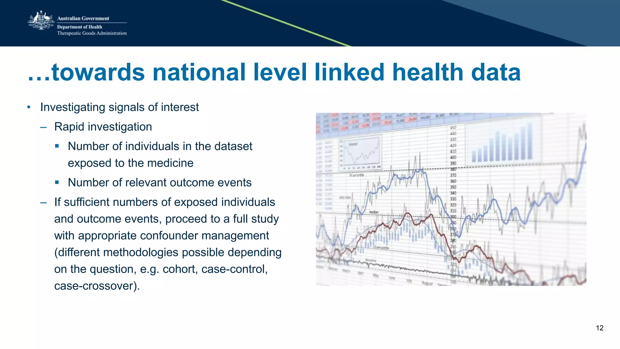 …towards national level linked health data
• Investigating signals of interest
– Rapid investigation
 Number of individuals in the dataset
exposed to the medicine
 Number of relevant outcome events
– If sufficient numbers of exposed individuals
and outcome events, proceed to a full study
with appropriate confounder management
(different methodologies possible depending
on the question, e.g. cohort, case-control,
case-crossover).
12
 