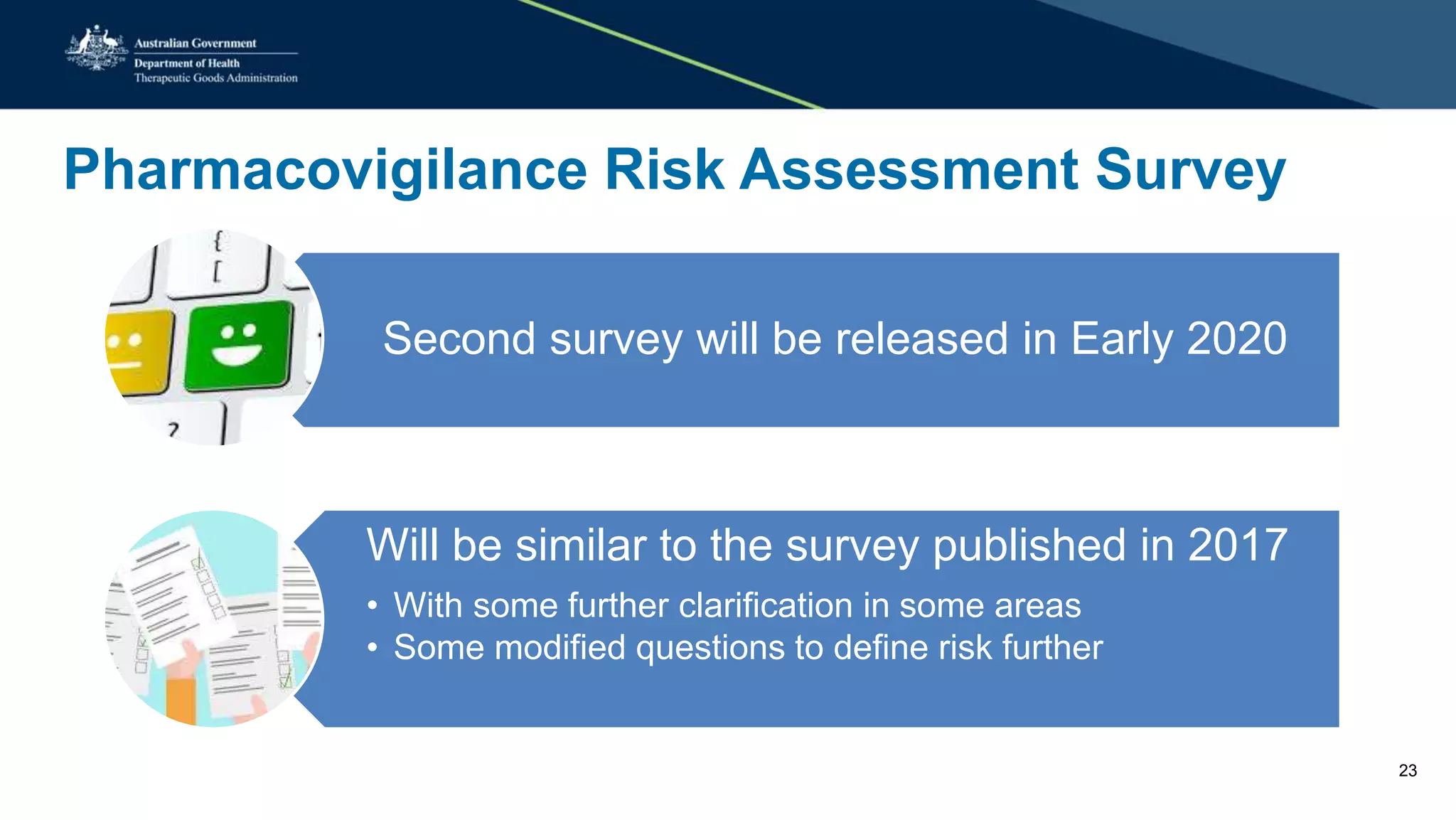 Pharmacovigilance Risk Assessment Survey
Second survey will be released in Early 2020
Will be similar to the survey published in 2017
• With some further clarification in some areas
• Some modified questions to define risk further
23
 