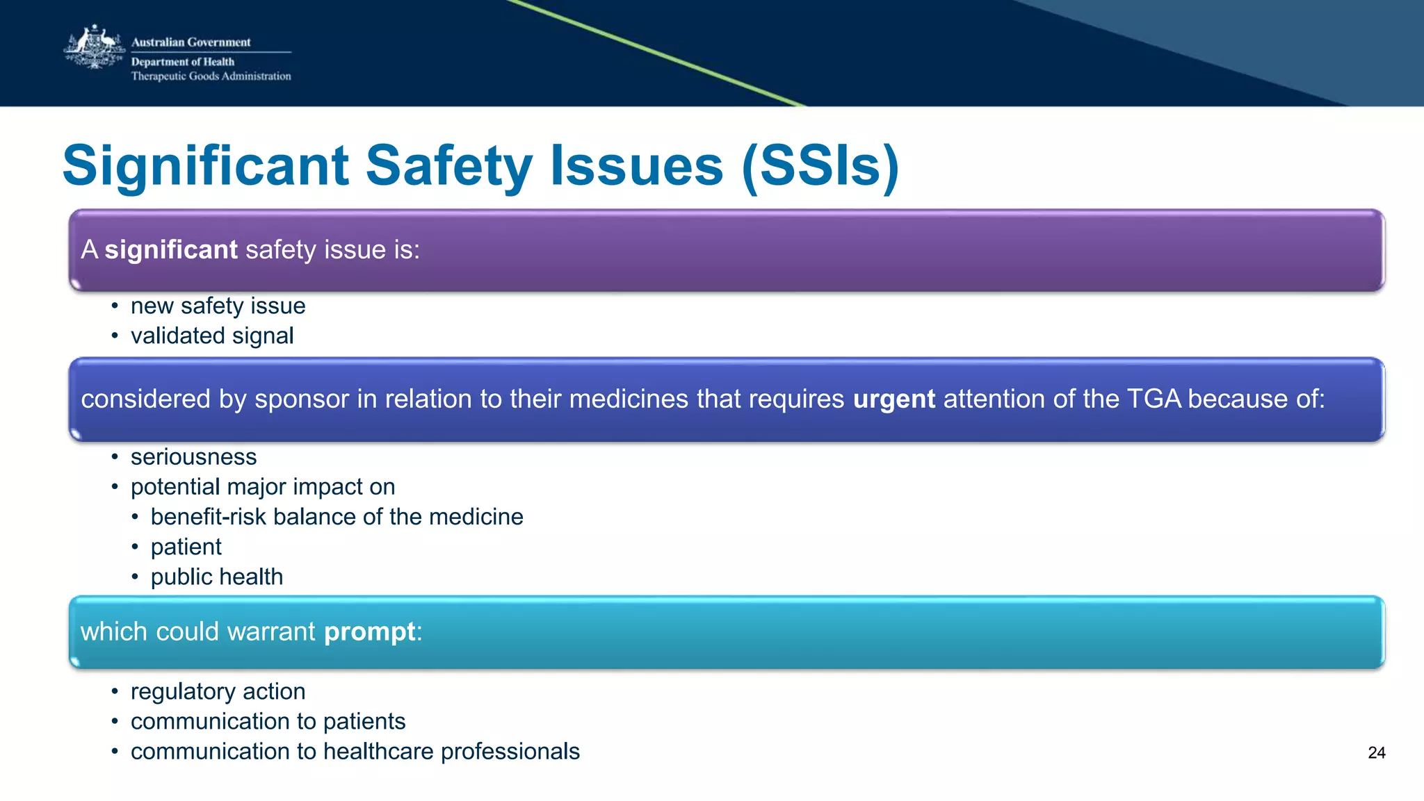 Significant Safety Issues (SSIs)
A significant safety issue is:
• new safety issue
• validated signal
considered by sponsor in relation to their medicines that requires urgent attention of the TGA because of:
• seriousness
• potential major impact on
• benefit-risk balance of the medicine
• patient
• public health
which could warrant prompt:
• regulatory action
• communication to patients
• communication to healthcare professionals 24
 