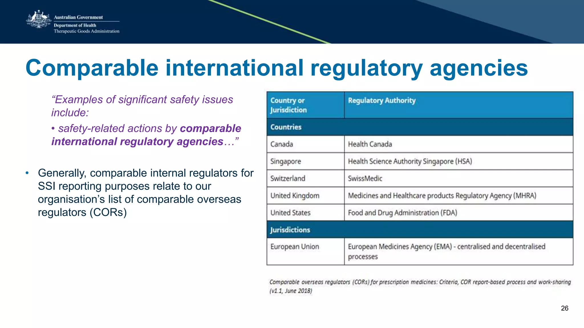 Comparable international regulatory agencies
“Examples of significant safety issues
include:
• safety-related actions by comparable
international regulatory agencies…”
• Generally, comparable internal regulators for
SSI reporting purposes relate to our
organisation’s list of comparable overseas
regulators (CORs)
26
 