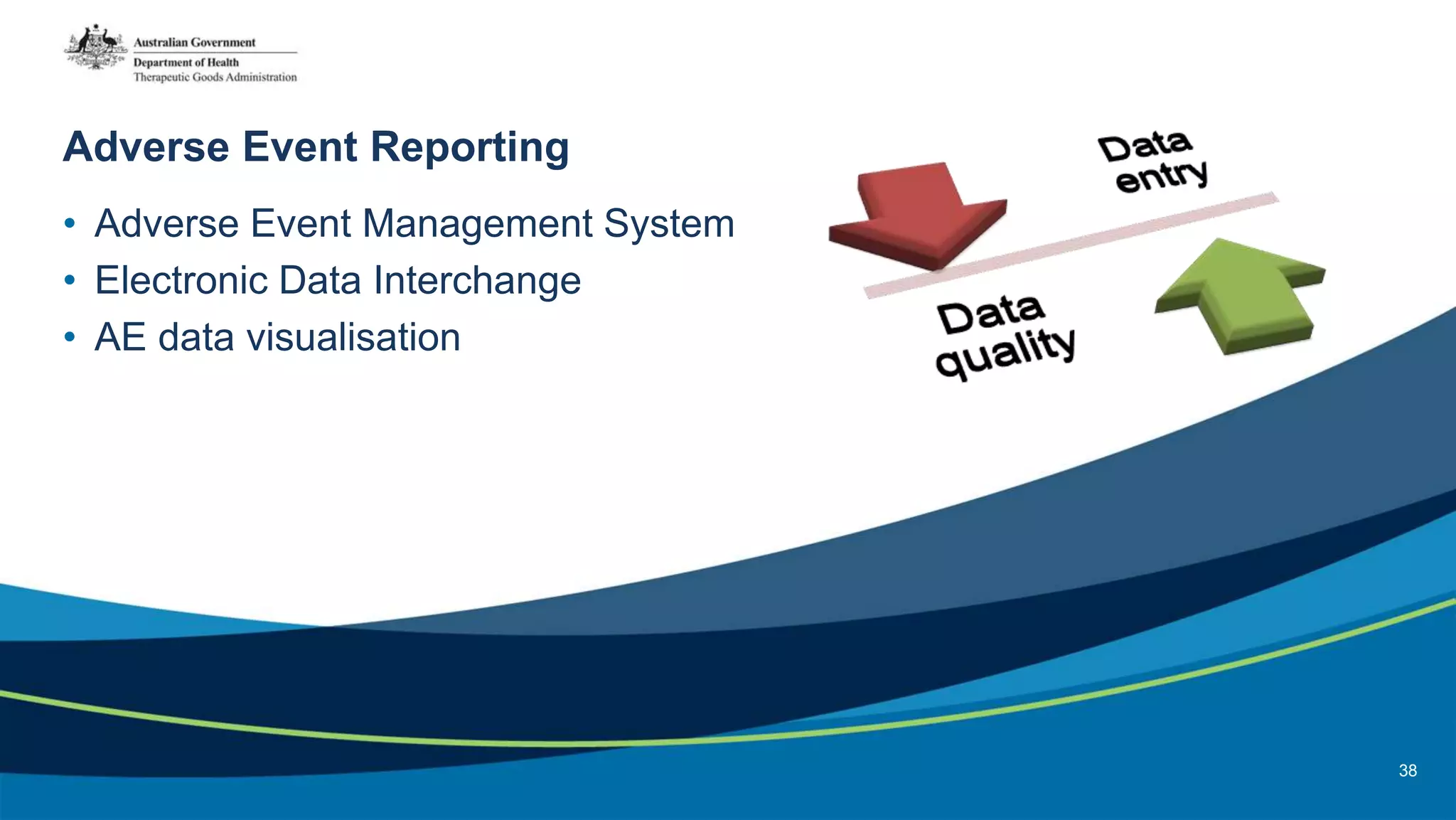 Adverse Event Reporting
• Adverse Event Management System
• Electronic Data Interchange
• AE data visualisation
38
 