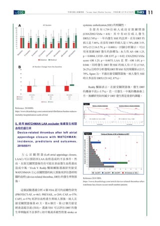 No.030 THRS 11中華民國心律醫學會 ‧Taiwan Heart Rhythm Soclety‧ 中華民國 107 年 6 月出刊
Reference: 2018HRS.
https://www.dicardiology.com/content/atrial-ﬁbrillation-burden-reduces-
mortality-hospitalization-castle-af-trial
5. 使用 WATCHMAN LAA occluder 後續發生相關
血栓的盛行率
Device-related thrombus after left atrial
appendage closure with WATCHMAN:
incidence, predictors and outcomes.
2018/05/11
　　 左 心 耳 關 閉 器 (Left atrial appendage closure,
LAAC) 可以預防因 LAA 血栓造成的不良事件，然
而，在放完關閉器後仍有可能在表面發生血栓進而
造成中風，Vivek Y. Reddy 醫師團隊透過研究接受
WATCHMAN 左心耳關閉器的病人預後來評估器材相
關的血栓 (device-related thrombus, DRT) 的發生率與預
後。
　　這個試驗透過分析 4 個 FDA 認可的前瞻性研究
(PROTECT-AF, n=463; PREVAIL, n=269; CAP, n=579;
CAP2, n=579) 來評估血栓產生與病人預後。病人在
接受關閉器後第 45 天、第 6 個月、第 12 個月接受
經食道超音波 (TEE)。透過 TEE 可以評估 DRT 的發
生率與臨床不良事件 ( 如中風或系統性栓塞 stroke or
systemic embolization,SSE) 的相關性。
　　 全 部 共 有 1,739 位 病 人 成 功 安 裝 關 閉 器
(CHA2DS2-VASc = 4.0)， 其 中 有 65 位 病 人 發 生
DRT(3.74%)。一年內發生 SSE 的比率，在有 DRT 的
病人是 7.46%; 在沒有 DRT 的病人是 1.78% (RR 3.55,
95% CI 2.18-5.79; p < 0.0001)。回歸分析顯示，可以
用來預測 DRT 發生的指標為 : 永久性 AF- OR 1.25,
p = 0.0004; LVEF- OR 0.97, p = 0.02; CHA2DS2-VASc
score- OR 1.25, p = 0.0075; LAA 直 徑 - OR 1.05, p =
0.046。同時發生 DRT 與 SSE 的病人有 17 位 (17/65,
26.2%)且時序分析發現DRT與SSE有因果關係(12/17,
70%, ﬁgure 2)。不過在接受關閉器後，病人發生 SSE
時大多沒有 DRT(123/142, 87%)。
　　Reddy 醫師表示，在接受關閉器後，發生 DRT
的機會不高 (~3.7%)，若一旦發生，中風的機會會上
升，後續研究如何減少 DRT 發生將是重要的課題。
Reference:2018 HRS.
https://www.dicardiology.com/article/device-related-thrombus-after-
watchman-laa-closure-occurs-small-number-patients
 