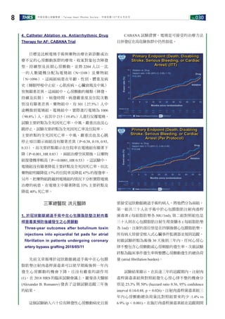 No.030THRS8 中華民國心律醫學會 ‧Taiwan Heart Rhythm Soclety‧ 中華民國 107 年 6 月出刊
4. Catheter Ablation vs. Antiarrhythmic Drug
Therapy for AF: CABANA Trial
　　目標是比較電燒手術與藥物治療在新診斷或治
療不足的心房顫動族群的療效。收案對象包含陣發
型、持續型及長期心房顫動，並將 2204 人以一比
一的人數隨機分配為電燒組（N=1108）及藥物組
（N=1096）。這兩組病患在年齡、性別、體重及病
史（睡眠呼吸中止症、心肌疾病、心臟衰竭及中風）
皆無顯著差異。這兩組中，心房顫動的種類（陣發、
持續及長期）、病發時間、病發嚴重度及住院次數
皆沒有顯著差異。藥物組中，有 301（27.5%）人中
途轉換到電燒組。電燒組中，實際進行電燒為 1006
（90.8%）人，而其中 215（19.4%）人進行反覆電燒。
試驗主要終點為全死因死亡率、中風、嚴重出血及心
跳停止。試驗次要終點為全死因死亡率及住院率。
主要終點的全死因死亡率、中風、嚴重出血及心跳
停止項目顯示兩組沒有顯著差異（P=0.38, 0.19, 0.93,
0.33），而次要終點顯示在住院率在電燒組有顯著下
降（P=0.001, HR 0.83）。兩組治療空床期後，以藥物
組復發機率較高（P=<0.0001, HR 0.53）。這試驗中，
電燒組沒有顯著降低主要終點及全死因死亡率，但比
藥物組明顯降低 17% 的住院率及降低 47% 的復發率。
另外，把藥物組跨越到電燒組的情況下分析實際電燒
治療的病患，在電燒主中顯著降低 33% 主要終點及
降低 40% 死亡率。
　　CABANA 試驗證實，電燒是可接受的治療方法
且併發症在高危險族群中仍然很低。
三軍總醫院 洪元醫師
1. 於冠狀動脈繞道手術中在心包膜脂肪墊注射肉毒
桿菌毒素預防後續發生之心房顫動
Three-year outcomes after botulinum toxin
injections into epicardial fat pads for atrial
fibrillation in patients undergoing coronary
artery bypass grafting 2018/05/11
　　先前文章報導於冠狀動脈繞道手術中在心包膜
脂肪墊注射肉毒桿菌毒素可以使早期術後與一年內
發生心房顫動的機會下降，且沒有嚴重的副作用
(1)。在 2018 HRS 的臨床試驗會議上，羅曼洛夫醫師
(Alexander B. Romanov) 發表了這個試驗追蹤三年後
的結果。
　　這個試驗納入六十位有陣發性心房顫動病史且需
要接受冠狀動脈繞道手術的病人，將他們分為兩組，
第一組共三十人在手術中於心包膜脂肪注射肉毒桿
菌毒素 ( 每組脂肪墊各 50U/1ml); 第二組對照組也是
三十人則在心包膜脂肪注射生理食鹽水 ( 每組脂肪墊
各 1ml)，注射的部位皆是在四個後側心包膜脂肪墊。
所有病人皆接受植入式心臟事件監測器並規則追蹤。
初級試驗終點為術後 30 天後到三年內，任何心房心
律不整包含心房顫動或心房頻脈的發生率。次級試驗
終點為臨床事件發生率與整體心房顫動發生的總負荷
量 (atrial ﬁbrillation burden)。
　　試驗結果顯示，在長達三年的追蹤期內，注射肉
毒桿菌毒素組與對照組發生心房心律不整的機會分
別是 23.3% 與 50% (hazzard ratio 0.36, 95% conﬁdence
interval 0.14-0.88, p = 0.026)。注射肉毒桿菌毒素組三
年內心房顫動總負荷量比對照組要來的少 :1.4% vs
6.9% (p < 0.001)。在施打肉毒桿菌毒素組在追蹤期間
 