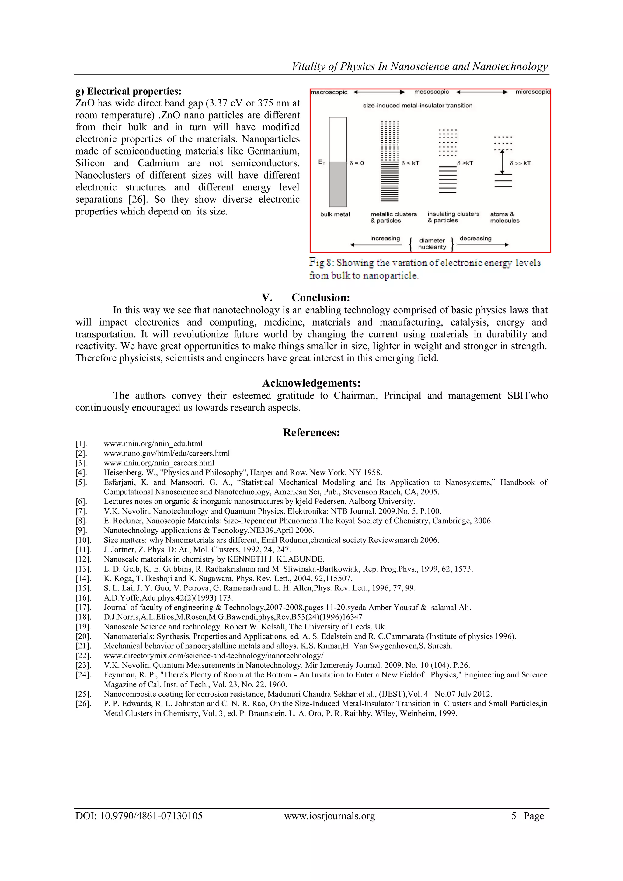 Vitality of Physics In Nanoscience and Nanotechnology
DOI: 10.9790/4861-07130105 www.iosrjournals.org 5 | Page
g) Electrical properties:
ZnO has wide direct band gap (3.37 eV or 375 nm at
room temperature) .ZnO nano particles are different
from their bulk and in turn will have modified
electronic properties of the materials. Nanoparticles
made of semiconducting materials like Germanium,
Silicon and Cadmium are not semiconductors.
Nanoclusters of different sizes will have different
electronic structures and different energy level
separations [26]. So they show diverse electronic
properties which depend on its size.
V. Conclusion:
In this way we see that nanotechnology is an enabling technology comprised of basic physics laws that
will impact electronics and computing, medicine, materials and manufacturing, catalysis, energy and
transportation. It will revolutionize future world by changing the current using materials in durability and
reactivity. We have great opportunities to make things smaller in size, lighter in weight and stronger in strength.
Therefore physicists, scientists and engineers have great interest in this emerging field.
Acknowledgements:
The authors convey their esteemed gratitude to Chairman, Principal and management SBITwho
continuously encouraged us towards research aspects.
References:
[1]. www.nnin.org/nnin_edu.html
[2]. www.nano.gov/html/edu/careers.html
[3]. www.nnin.org/nnin_careers.html
[4]. Heisenberg, W., "Physics and Philosophy", Harper and Row, New York, NY 1958.
[5]. Esfarjani, K. and Mansoori, G. A., ―Statistical Mechanical Modeling and Its Application to Nanosystems,‖ Handbook of
Computational Nanoscience and Nanotechnology, American Sci, Pub., Stevenson Ranch, CA, 2005.
[6]. Lectures notes on organic & inorganic nanostructures by kjeld Pedersen, Aalborg University.
[7]. V.K. Nevolin. Nanotechnology and Quantum Physics. Elektronika: NTB Journal. 2009.No. 5. P.100.
[8]. E. Roduner, Nanoscopic Materials: Size-Dependent Phenomena.The Royal Society of Chemistry, Cambridge, 2006.
[9]. Nanotechnology applications & Tecnology,NE309,April 2006.
[10]. Size matters: why Nanomaterials ars different, Emil Roduner,chemical society Reviewsmarch 2006.
[11]. J. Jortner, Z. Phys. D: At., Mol. Clusters, 1992, 24, 247.
[12]. Nanoscale materials in chemistry by KENNETH J. KLABUNDE.
[13]. L. D. Gelb, K. E. Gubbins, R. Radhakrishnan and M. Sliwinska-Bartkowiak, Rep. Prog.Phys., 1999, 62, 1573.
[14]. K. Koga, T. Ikeshoji and K. Sugawara, Phys. Rev. Lett., 2004, 92,115507.
[15]. S. L. Lai, J. Y. Guo, V. Petrova, G. Ramanath and L. H. Allen,Phys. Rev. Lett., 1996, 77, 99.
[16]. A.D.Yoffe,Adu.phys.42(2)(1993) 173.
[17]. Journal of faculty of engineering & Technology,2007-2008,pages 11-20.syeda Amber Yousuf & salamal Ali.
[18]. D.J.Norris,A.L.Efros,M.Rosen,M.G.Bawendi,phys,Rev.B53(24)(1996)16347
[19]. Nanoscale Science and technology. Robert W. Kelsall, The University of Leeds, Uk.
[20]. Nanomaterials: Synthesis, Properties and Applications, ed. A. S. Edelstein and R. C.Cammarata (Institute of physics 1996).
[21]. Mechanical behavior of nanocrystalline metals and alloys. K.S. Kumar,H. Van Swygenhoven,S. Suresh.
[22]. www.directorymix.com/science-and-technology/nanotechnology/
[23]. V.K. Nevolin. Quantum Measurements in Nanotechnology. Mir Izmereniy Journal. 2009. No. 10 (104). P.26.
[24]. Feynman, R. P., "There's Plenty of Room at the Bottom - An Invitation to Enter a New Fieldof Physics," Engineering and Science
Magazine of Cal. Inst. of Tech., Vol. 23, No. 22, 1960.
[25]. Nanocomposite coating for corrosion resistance, Madunuri Chandra Sekhar et al., (IJEST),Vol. 4 No.07 July 2012.
[26]. P. P. Edwards, R. L. Johnston and C. N. R. Rao, On the Size-Induced Metal-Insulator Transition in Clusters and Small Particles,in
Metal Clusters in Chemistry, Vol. 3, ed. P. Braunstein, L. A. Oro, P. R. Raithby, Wiley, Weinheim, 1999.
 