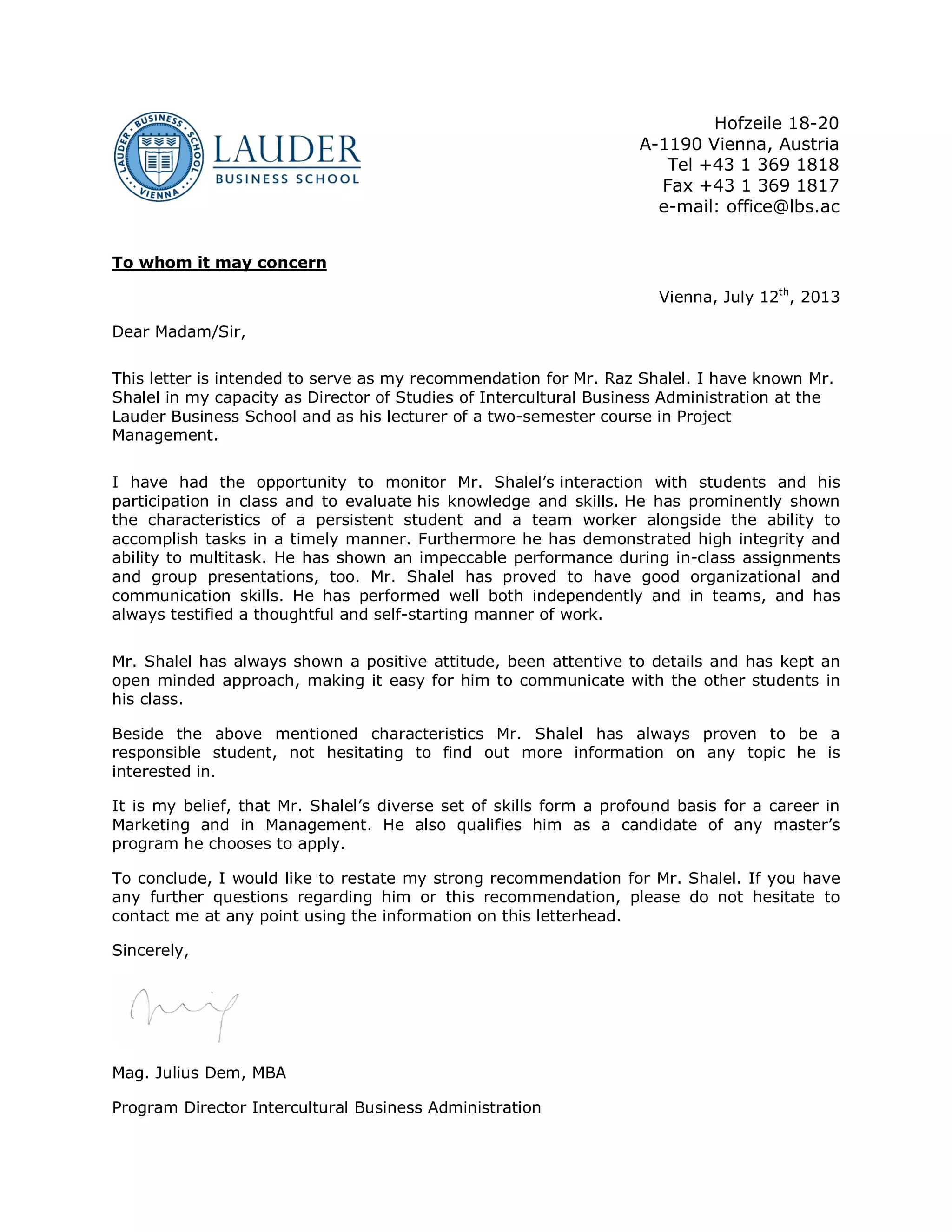 Recommendation Letter [Dem] | PDF