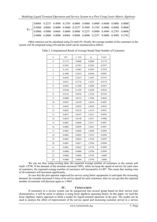 Modeling Liquid Terminal Operation and Service System in a Port Using Linier Matrix Algebraic
www.iosrjournals.org 5 | Page













0.27850.49090.00000.22370.00000.0000006800.00000.00000.0000
0.00000.27850.49090.00000.22370.00000.0000006800.00000.0000
0.00000.00000.00000.27850.49090.22370.00000.0000006800.0000
0.00000.00000.00000.00000.00000.00000.27850.49090.223700680
R2
.
.
.
.
.
Other matrices can be calculated using (3) until (9). Finally, the average number of the customers in the
system will be computed using (10) and the result can be summarized as follow:
Table 2. Computational Result of Average Steady State Number of Customers
n r(n) n . r(n) qs  r(n)
0 0.3174 0.0000 0.0000 0.3174
1 0.2363 0.2363 0.2363 0.5537
2 0.1541 0.3082 0.5445 0.7078
3 0.1006 0.3019 0.8464 0.8085
4 0.0658 0.2633 1,1097 0.8743
5 0.0431 0.2156 1,3252 0.9174
6 0.0283 0.1696 1,4949 0.9457
7 0.0186 0.1299 1,6248 0.9642
8 0.0122 0.0976 1,7224 0.9764
9 0.0080 0.0722 1,7946 0.9844
10 0.0053 0.0529 1,8474 0.9897
11 0.0035 0.0383 1,8858 0.9932
12 0.0023 0.0276 1,9133 0.9955
13 0.0015 0.0197 1,9331 0.9970
14 0.0010 0.0140 1,9471 0.9980
15 0.0007 0.0099 1,9571 0.9987
16 0.0004 0.0070 1,9641 0.9991
17 0.0003 0.0049 1,9690 0.9994
18 0.0002 0.0035 1,9725 0.9996
19 0.0001 0.0024 1,9749 0.9997
20 0.0001 0.0017 1,9766 0.9998
21 0.0001 0.0012 1,9778 0.9999
22 0.0000 0.0008 1,9786 0.9999
23 0.0000 0.0006 1,9792 1,0000
24 0.0000 0.0004 1,9796 1,0000
We can see that, using existing data, the expected average number of customers in the system will
reach 1,9796. If the demand of the terminal increased 100%, while we keep the speed of service for each class
of customers, the expected average number of customers will increased to 4,1487. This mean that waiting time
of all customers will increased significantly.
In case that the port operator improved his service using better equipments to anticipate the increasing
demand, for example increased 2 times of its service speed for each customers, then we can get that the expected
number of customer will decrease again to 1.9845.
IV. CONCLUSION
If customers in a service system can be categorized into several group based on their service time
characteristics, it will be easier to analyze it using linier algebraic queueing theory. In this paper, we used the
linier algebraic matrix approach to build a model for liquid terminal operation in the port. The model can be
used to analyze the effect of improvement of the service speed and increasing customer arrival in a service
 
