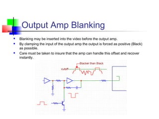 Output Amp Blanking
 Blanking may be inserted into the video before the output amp.
 By clamping the input of the output amp the output is forced as positive (Black)
as possible.
 Care must be taken to insure that the amp can handle this offset and recover
instantly.
 
