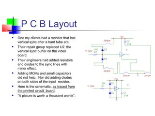 P C B Layout
 One my clients had a monitor that lost
vertical sync after a hard tube arc.
 Their repair group replaced U2, the
vertical sync buffer on the video
board.
 Their engineers had added resistors
and diodes to the sync lines with
minor effect.
 Adding MOVs and small capacitors
did not help. Nor did adding diodes
on both sides of the input resistor.
 Here is the schematic, as traced from
the printed circuit board.
 “A picture is worth a thousand words”.
 