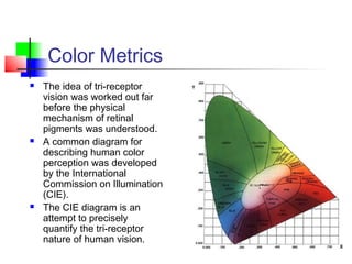Color Metrics
 The idea of tri-receptor
vision was worked out far
before the physical
mechanism of retinal
pigments was understood.
 A common diagram for
describing human color
perception was developed
by the International
Commission on Illumination
(CIE).
 The CIE diagram is an
attempt to precisely
quantify the tri-receptor
nature of human vision.
 