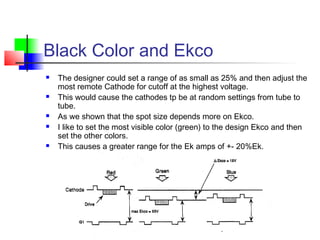 Black Color and Ekco
 The designer could set a range of as small as 25% and then adjust the
most remote Cathode for cutoff at the highest voltage.
 This would cause the cathodes tp be at random settings from tube to
tube.
 As we shown that the spot size depends more on Ekco.
 I like to set the most visible color (green) to the design Ekco and then
set the other colors.
 This causes a greater range for the Ek amps of +- 20%Ek.
 
