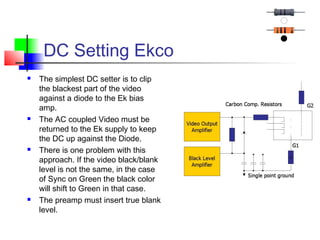 DC Setting Ekco
 The simplest DC setter is to clip
the blackest part of the video
against a diode to the Ek bias
amp.
 The AC coupled Video must be
returned to the Ek supply to keep
the DC up against the Diode.
 There is one problem with this
approach. If the video black/blank
level is not the same, in the case
of Sync on Green the black color
will shift to Green in that case.
 The preamp must insert true blank
level.
 