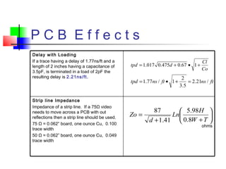 P C B E f f e c t s
ohms
Strip line Impedance
Impedance of a strip line. If a 75Ω video
needs to move across a PCB with out
reflections then a strip line should be used.
75 Ω ≈ 0.062” board, one ounce Cu, 0.100
trace width
50 Ω ≈ 0.062” board, one ounce Cu, 0.049
trace width
Delay with Loading
If a trace having a delay of 1.77ns/ft and a
length of 2 inches having a capacitance of
3.5pF, is terminated in a load of 2pF the
resulting delay is 2.21ns/ft.
Co
Cl
dtpd +•+= 167.0475.0017.1
ftnsftnstpd /21.2
5.3
2
1/77.1 =+•=






++
=
TW
H
Ln
d
Zo
8.0
98.5
41.1
87
 