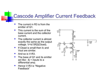 Cascode Amplifier Current Feedback
 The current in R3 is from the
emitter of Q1.
 This current is the sum of the
base current and the collector
current.
 The collector current is almost
exactly the same as the output
voltage. V=Ic*(R2||Cload).
 If Cload is small then Ic and
Vout are similar.
 And so is V-R3.
 The base of Q1 and its emitter
act like - & + inputs to a
differential amp.
 Hence V-R3 is “Negative
Feedback”
 