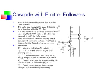 Cascode with Emitter Followers
 This circuit buffers the capacitive load from the
collector of Q2.
 The buffer only improves the speed if Cload is
larger than that added by Q3 + Q4!
 In a B/W monitor there is a direct connection from
video amplifier to CRT, cathode Cload may be
too small to justify the buffer stage.
 Color monitors have additional circuitry added
between video amp and cathode. The Cload is
large and emitter flower buffers are common.
 Remember; 
1.)      Minimize the load on Q2 collector.
2.)      Ic of Q3 and Q4 are due only to Cload
charging current.
3.)      Q3 and Q4 heat sinks are connected to
supply and ground and do not add capacitance.
4.)      Cload charging current is not limited by R2.
Current from R2 is multiplied by hFE
of Q3.
5.)      Cload charging current does not pass
through Q2 thus minimizing beta limiting.
 