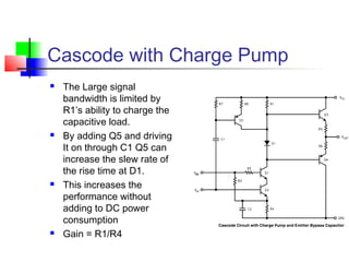 Cascode with Charge Pump
 The Large signal
bandwidth is limited by
R1’s ability to charge the
capacitive load.
 By adding Q5 and driving
It on through C1 Q5 can
increase the slew rate of
the rise time at D1.
 This increases the
performance without
adding to DC power
consumption
 Gain = R1/R4
 