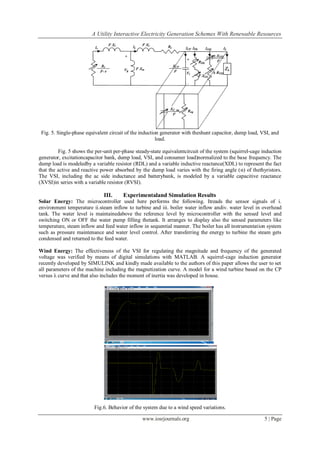 A Utility Interactive Electricity Generation Schemes With Renewable Resources
www.iosrjournals.org 5 | Page
Fig. 5. Single-phase equivalent circuit of the induction generator with theshunt capacitor, dump load, VSI, and
load.
Fig. 5 shows the per-unit per-phase steady-state equivalentcircuit of the system (squirrel-cage induction
generator, excitationcapacitor bank, dump load, VSI, and consumer load)normalized to the base frequency. The
dump load is modeledby a variable resistor (RDL) and a variable inductive reactance(XDL) to represent the fact
that the active and reactive power absorbed by the dump load varies with the firing angle (α) of thethyristors.
The VSI, including the ac side inductance and batterybank, is modeled by a variable capacitive reactance
(XVSI)in series with a variable resistor (RVSI).
III. Experimentaland Simulation Results
Solar Energy: The microcontroller used here performs the following. Itreads the sensor signals of i.
environment temperature ii.steam inflow to turbine and iii. boiler water inflow andiv. water level in overhead
tank. The water level is maintainedabove the reference level by microcontroller with the sensed level and
switching ON or OFF the water pump filling thetank. It arranges to display also the sensed parameters like
temperature, steam inflow and feed water inflow in sequential manner. The boiler has all instrumentation system
such as pressure maintenance and water level control. After transferring the energy to turbine the steam gets
condensed and returned to the feed water.
Wind Energy: The effectiveness of the VSI for regulating the magnitude and frequency of the generated
voltage was verified by means of digital simulations with MATLAB. A squirrel-cage induction generator
recently developed by SIMULINK and kindly made available to the authors of this paper allows the user to set
all parameters of the machine including the magnetization curve. A model for a wind turbine based on the CP
versus λ curve and that also includes the moment of inertia was developed in house.
Fig.6. Behavior of the system due to a wind speed variations.
 
