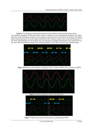Synchronization of Photo-voltaic system with a Grid
www.iosrjournals.org 4 | Page
Figure 4: The frequency of generating system (Green) and Photo-voltaic inverted system (pink)
The change in frequency of reference system is shown in figure 5.In case of disturbance produced in the phase
detection. If the small delay occurring in the reference system then the result will not be affected. The digital
phase locked loop system set up the output information with a reference system with a very small harmonics. If
the lower order harmonics are not in phase, the zero crossings are changed automatically. The verticals lines on
the curve show the harmonics clearly in the simulation[Figure 6 and 7] shows result in case of greater delay.
Figure 5:Reference system frequency changed to 48 Hz. Yellow and Blue shows operation of PWM
Figure 6: Result at frequency 49.5Hz with Harmonics
Figure 7: Shows the results when harmonics are eliminated by PWM
 