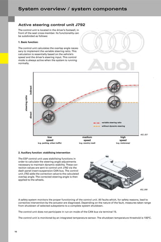 Protected by copyright. Copying for private or commercial purposes, in part or in whole, is not
permitted unless authorised by AUDI AG. AUDI AG does not guarantee or accept any liability
with respect to the correctness of information in this document. Copyright by AUDI AG.
10
System overview / system components
402_007
low
speed
(e.g. parking, urban traffic)
medium
speed
(e.g. country road)
high
speed
(e.g. motorway)
steering
ratio
indirect
direct
variable steering ratio
without dynamic steering
402_008
2. Auxiliary function: stabilising intervention
The ESP control unit uses stabilising functions in
order to calculate the steering angle adjustments
necessary to maintain dynamic stability. These cor-
rection values are sent to control unit J792 via the
dash panel insert-suspension CAN bus. The control
unit J792 adds the correction value to the calculated
overlap angle. The corrected steering angle is then
applied to the wheels.
The control unit is located in the driver's footwell, in
front of the seat cross-member. Its functionality can
be subdivided as follows:
1. Basic function:
The control unit calculates the overlap angle neces-
sary to implement the variable steering ratio. This
calculation is essentially based on the vehicle's
speed and the driver's steering input. This control
mode is always active when the system is running
normally.
Active steering control unit J792
A safety system monitors the proper functioning of the control unit. All faults which, for safety reasons, lead to
corrective intervention by the actuator are diagnosed. Depending on the nature of the fault, measures taken range
from shutdown of selected subsystems to a complete system shutdown.
The control unit does not participate in run-on mode of the CAN bus via terminal 15.
The control unit is monitored by an integrated temperature sensor. The shutdown temperature threshold is 100°C.
 