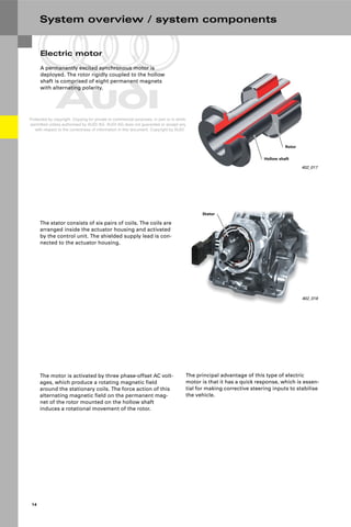 Protected by copyright. Copying for private or commercial purposes, in part or in whole, is not
permitted unless authorised by AUDI AG. AUDI AG does not guarantee or accept any liability
with respect to the correctness of information in this document. Copyright by AUDI AG.
14
System overview / system components
402_017
Hollow shaft
Rotor
The motor is activated by three phase-offset AC volt-
ages, which produce a rotating magnetic field
around the stationary coils. The force action of this
alternating magnetic field on the permanent mag-
net of the rotor mounted on the hollow shaft
induces a rotational movement of the rotor.
The principal advantage of this type of electric
motor is that it has a quick response, which is essen-
tial for making corrective steering inputs to stabilise
the vehicle.
The stator consists of six pairs of coils. The coils are
arranged inside the actuator housing and activated
by the control unit. The shielded supply lead is con-
nected to the actuator housing.
Electric motor
A permanently excited synchronous motor is
deployed. The rotor rigidly coupled to the hollow
shaft is comprised of eight permanent magnets
with alternating polarity.
402_018
Stator
 