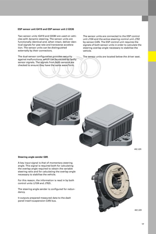 Protected by copyright. Copying for private or commercial purposes, in part or in whole, is not
permitted unless authorised by AUDI AG. AUDI AG does not guarantee or accept any liability
with respect to the correctness of information in this document. Copyright by AUDI AG.
17
Two sensor units (G419 and G536) are used on vehi-
cles with dynamic steering. The sensor units are
functionally identical and, when intact, deliver iden-
tical signals for yaw rate and transverse accelera-
tion. The sensor units can be distinguished
externally by their connectors.
The dual-sensor configuration provides security
against malfunctions, which can be caused by faulty
sensor signals. The signals from both sensors are
checked to ensure they have the same wave form.
402_025
402_026
Steering angle sender G85
A key input signal is that of momentary steering
angle. This signal is required both for calculating
the overlap angle required to obtain the variable
steering ratio and for calculating the overlap angle
necessary to stabilise the vehicle.
For this reason, the information is read in by both
control units (J104 and J792).
The steering angle sender is configured for redun-
dancy.
It outputs prepared measured data to the dash
panel insert-suspension CAN bus.
The sensor units are connected to the ESP control
unit J104 and the active steering control unit J792
by sensor-CAN. The ESP control unit requires the
signals of both sensor units in order to calculate the
steering overlap angle necessary to stabilise the
vehicle.
The sensor units are located below the driver seat.
ESP sensor unit G419 and ESP sensor unit 2 G536
 