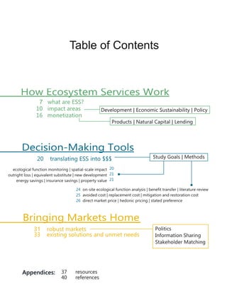 Table of Contents
7 what are ESS?
10 impact areas
16 monetization
How Ecosystem Services Work
Development | Economic Sustainability | Policy
Bringing Markets Home
31 robust markets
33 existing solutions and unmet needs
Appendices: 37 resources
40 references
Decision-Making Tools
20 translating ESS into $$$
# case studies
Study Goals | Methods
ecological function monitoring | spatial-scale impact
outright loss | equivalent substitute | new development
energy savings | insurance savings | property value
on-site ecological function analysis | benefit transfer | literature review
avoided cost | replacement cost | mitigation and restoration cost
direct market price | hedonic pricing | stated preference
20
21
21
24
25
26
Products | Natural Capital | Lending
Politics
Information Sharing
Stakeholder Matching
 