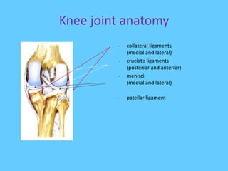 Knee joint anatomy
- collateral ligaments
(medial and lateral)
- cruciate ligaments
(posterior and anterior)
- menisci
(medial and lateral)
- patellar ligament
 