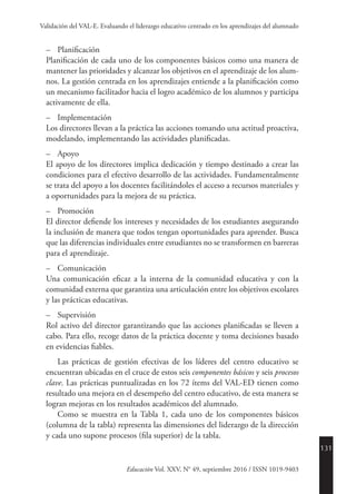 131
Educación Vol. XXV, N° 49, septiembre 2016 / ISSN 1019-9403
Validación del VAL-E. Evaluando el liderazgo educativo centrado en los aprendizajes del alumnado
–	Planificación
Planificación de cada uno de los componentes básicos como una manera de
mantener las prioridades y alcanzar los objetivos en el aprendizaje de los alum-
nos. La gestión centrada en los aprendizajes entiende a la planificación como
un mecanismo facilitador hacia el logro académico de los alumnos y participa
activamente de ella.
–	Implementación
Los directores llevan a la práctica las acciones tomando una actitud proactiva,
modelando, implementando las actividades planificadas.
–	Apoyo
El apoyo de los directores implica dedicación y tiempo destinado a crear las
condiciones para el efectivo desarrollo de las actividades. Fundamentalmente
se trata del apoyo a los docentes facilitándoles el acceso a recursos materiales y
a oportunidades para la mejora de su práctica.
–	Promoción
El director defiende los intereses y necesidades de los estudiantes asegurando
la inclusión de manera que todos tengan oportunidades para aprender. Busca
que las diferencias individuales entre estudiantes no se transformen en barreras
para el aprendizaje.
–	Comunicación
Una comunicación eficaz a la interna de la comunidad educativa y con la
comunidad externa que garantiza una articulación entre los objetivos escolares
y las prácticas educativas.
–	Supervisión
Rol activo del director garantizando que las acciones planificadas se lleven a
cabo. Para ello, recoge datos de la práctica docente y toma decisiones basado
en evidencias fiables.
Las prácticas de gestión efectivas de los líderes del centro educativo se
encuentran ubicadas en el cruce de estos seis componentes básicos y seis procesos
clave. Las prácticas puntualizadas en los 72 ítems del VAL-ED tienen como
resultado una mejora en el desempeño del centro educativo, de esta manera se
logran mejoras en los resultados académicos del alumnado.
Como se muestra en la Tabla 1, cada uno de los componentes básicos
(columna de la tabla) representa las dimensiones del liderazgo de la dirección
y cada uno supone procesos (fila superior) de la tabla.
 