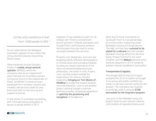 26
cut the unit’s workforce in half,
from 1,000 people to 500.”
As we noted above, the Webpass
acquisition appears to be a salve that
will go directly towards staunching
these losses.
Other initiatives include Google’s
Project Fi mobile virtual network
operator (MVNO), which the
company cites as an “experiment”
and motivator for incumbent carriers
to improve (much in the original vein of
Fiber). An MVNO, in essence, buys
bandwidth from wireless carriers and
markets cell services under its own
brand and with its own pricing and
support schemes.
In this sense, Fi is already succeeding,
with Comcast announcing plans to
launch a similar MVNO in 2017.
However, Fi has already brought on US
Cellular and Three to complement
launch partners T-Mobile and Sprint, and
Google Fiber’s shift towards wireless
technologies may also lead to some
synergies between the services.
Projects Link, Skybender, and Loon are
targeting wholly different demographics
in remote areas and emerging markets,
but they are clearly extensions of the
same universal-broadband-access
philosophy. Like other X units, Project
Loon recently looked outside the
organization for veteran industry
leadership, bringing on Tom Moore of
WildBlue to nudge the project towards
commercialization. Loon is yet another
project utilizing Google’s machine
learning prowess, employing algorithms
to optimize the positioning and
navigation of its balloons.
Were any of these moonshots to
“graduate” from X, it would be easy
to envision them coalescing under
Alphabet’s Access & Energy banner.
The A&E unit has been rumored to be
slated for a rebrand, but still includes
Alphabet’s energy efforts for the time
being. Project Sunroof is one such
initiative, and the Makani airborne wind
turbines (acquired in 2013) would be
another natural candidate if successful.
Transportation & logistics
The Google Self-Driving Car Project
predates the 2010 formation of Google
X; its tenure and public visibility has
made it a de facto banner-carrier for the
division. The company has invested
accordingly, with a rumored $10B
earmarked for the long-term program.
Just prior to the Alphabet reorg, the
project hired its own industry veteran,
John Krafcik of Hyundai America and
 