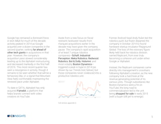 5
Google has remained a dominant force
in tech M&A for much of the decade;
activity peaked in 2014 as Google
acquired over a dozen companies in the
second quarter, ranking far ahead of
other tech giants in acquisitions in that
year. However, the company’s
acquisition pace slowed considerably
leading up to the Alphabet restructuring,
and decreased markedly in the first half
of 2016. This most recent quarter has
seen a resurgence in activity, though it
remains to be seen whether that will be a
temporary blip, or a signal that Mountain
View feels comfortable maintaining the
renewed pace under Alphabet.
To date in Q4’16, Alphabet has only
acquired Famebit, a platform that
helps brands connect with video
creators on YouTube.
Aside from a new focus on fiscal
restraint, lackluster results from
marquee acquisitions earlier in the
decade may have given the company
pause. The company’s rapid acquisition
of at least 7 unique robotics
companies—Schaft, Industrial
Perception, Meka Robotics, Redwood
Robotics, Bot & Dolly, Holomni, and
most notably Boston Dynamics—
triggered a peak in hype in 2014 (as
shown by our Trends tool, below), but
those companies never coalesced into a
productive robotics unit.
Full version appendix b
Former Android head Andy Rubin led the
robotics push, but Rubin departed the
company in October 2014 to found
hardware startup incubator Playground
Global. The loss of the visionary figure
likely held back his robotics division,
named Replicant, from ever truly
becoming a cohesive unit under either
Google or Alphabet.
Instead, the Replicant companies came
directly into management’s crosshairs
following Alphabet’s creation, as the new
company took a hard look at the
revenue-generating potential of its
various units. Though subsidiaries like
Boston Dynamics were a hit on
YouTube, the long road to
commercialization led to the unit
being shopped for sale in early 2015
(with a buyer still yet to emerge).
 