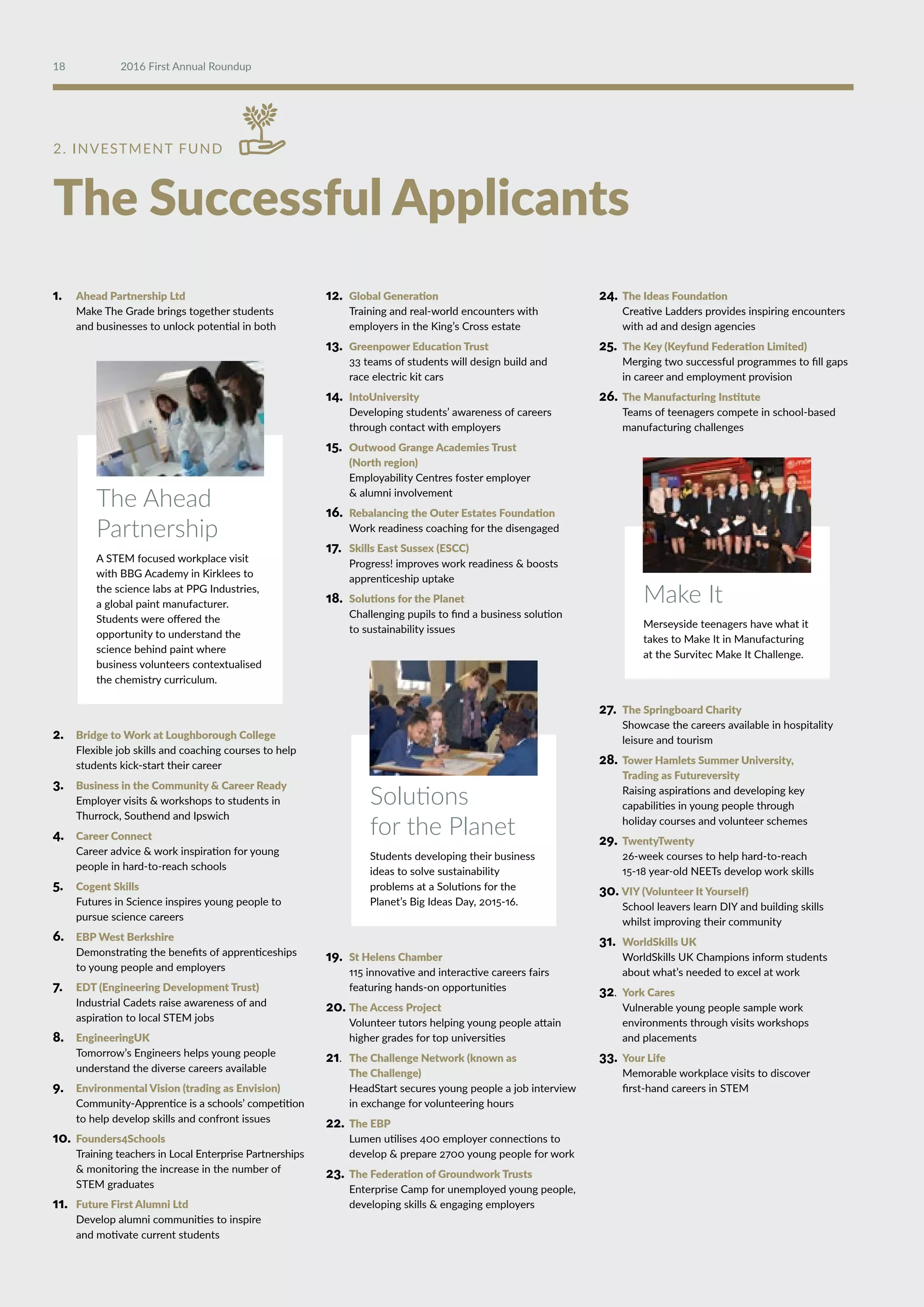 1. 	 Ahead Partnership Ltd
	 Make The Grade brings together students
	 and businesses to unlock potential in both
2. 	 Bridge to Work at Loughborough College
	 Flexible job skills and coaching courses to help 	
	 students kick-start their career
3. 	 Business in the Community  Career Ready
	 Employer visits  workshops to students in 	
	 Thurrock, Southend and Ipswich
4. 	 Career Connect
	 Career advice  work inspiration for young 	
	 people in hard-to-reach schools
5. 	 Cogent Skills
	 Futures in Science inspires young people to 	
	 pursue science careers
6. 	 EBP West Berkshire
	 Demonstrating the benefits of apprenticeships
	 to young people and employers
7. 	 EDT (Engineering Development Trust)
	 Industrial Cadets raise awareness of and 		
	 aspiration to local STEM jobs
8. 	 EngineeringUK
	 Tomorrow’s Engineers helps young people 	
	 understand the diverse careers available
9. 	 Environmental Vision (trading as Envision)
	 Community-Apprentice is a schools’ competition 	
	 to help develop skills and confront issues
10.	Founders4Schools
Training teachers in Local Enterprise Partnerships
 monitoring the increase in the number of
STEM graduates
11.	Future First Alumni Ltd
Develop alumni communities to inspire
and motivate current students
12. 	Global Generation
	 Training and real-world encounters with 		
	 employers in the King’s Cross estate
13. 	 Greenpower Education Trust
	33 teams of students will design build and
	race electric kit cars
14. 	 IntoUniversity
	Developing students’ awareness of careers 	
	through contact with employers
15. 	 Outwood Grange Academies Trust
	 (North region)
	Employability Centres foster employer
	 alumni involvement
16. 	 Rebalancing the Outer Estates Foundation
	Work readiness coaching for the disengaged
17. 	 Skills East Sussex (ESCC)
	 Progress! improves work readiness  boosts 	
	 apprenticeship uptake
18. 	 Solutions for the Planet
	Challenging pupils to find a business solution
	to sustainability issues
19.	St Helens Chamber
115 innovative and interactive careers fairs
featuring hands-on opportunities
20.	The Access Project
	 Volunteer tutors helping young people attain 	
	 higher grades for top universities
21. 	 The Challenge Network (known as
	 The Challenge)
	 HeadStart secures young people a job interview 	
	 in exchange for volunteering hours
22. 	The EBP
	 Lumen utilises 400 employer connections to 	
	 develop  prepare 2700 young people for work
23.	 The Federation of Groundwork Trusts
	 Enterprise Camp for unemployed young people,
	 developing skills  engaging employers
24.	 The Ideas Foundation
	 Creative Ladders provides inspiring encounters
	 with ad and design agencies
25. 	The Key (Keyfund Federation Limited)
	 Merging two successful programmes to fill gaps
	 in career and employment provision
26. 	The Manufacturing Institute
	 Teams of teenagers compete in school-based
	 manufacturing challenges
27. 	The Springboard Charity
	 Showcase the careers available in hospitality
	 leisure and tourism
28. 	Tower Hamlets Summer University,
Trading as Futureversity
Raising aspirations and developing key
capabilities in young people through
holiday courses and volunteer schemes
29. 	TwentyTwenty
26-week courses to help hard-to-reach
15-18 year-old NEETs develop work skills
30. VIY (Volunteer It Yourself)
	School leavers learn DIY and building skills
	whilst improving their community
31. 	WorldSkills UK
WorldSkills UK Champions inform students
about what’s needed to excel at work
32. 	York Cares
	Vulnerable young people sample work 		
	environments through visits workshops
	and placements
33. 	 Your Life
	Memorable workplace visits to discover
	first-hand careers in STEM
The Ahead
Partnership
A STEM focused workplace visit
with BBG Academy in Kirklees to
the science labs at PPG Industries,
a global paint manufacturer.
Students were offered the
opportunity to understand the
science behind paint where
business volunteers contextualised
the chemistry curriculum.
2. INVESTMENT FUND
The Successful Applicants
Solutions
for the Planet
Students developing their business
ideas to solve sustainability
problems at a Solutions for the
Planet’s Big Ideas Day, 2015-16.
Make It
Merseyside teenagers have what it
takes to Make It in Manufacturing
at the Survitec Make It Challenge.
18 2016 First Annual Roundup
 