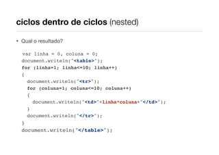 ciclos dentro de ciclos (nested)
•

Qual o resultado?
var linha = 0, coluna = 0;
document.writeln("<table>");
for (linha=1; linha<=10; linha++)
{
document.writeln("<tr>");
for (coluna=1; coluna<=10; coluna++)
{
document.writeln("<td>"+linha*coluna+"</td>");
}
document.writeln("</tr>");

}
document.writeln("</table>");

 