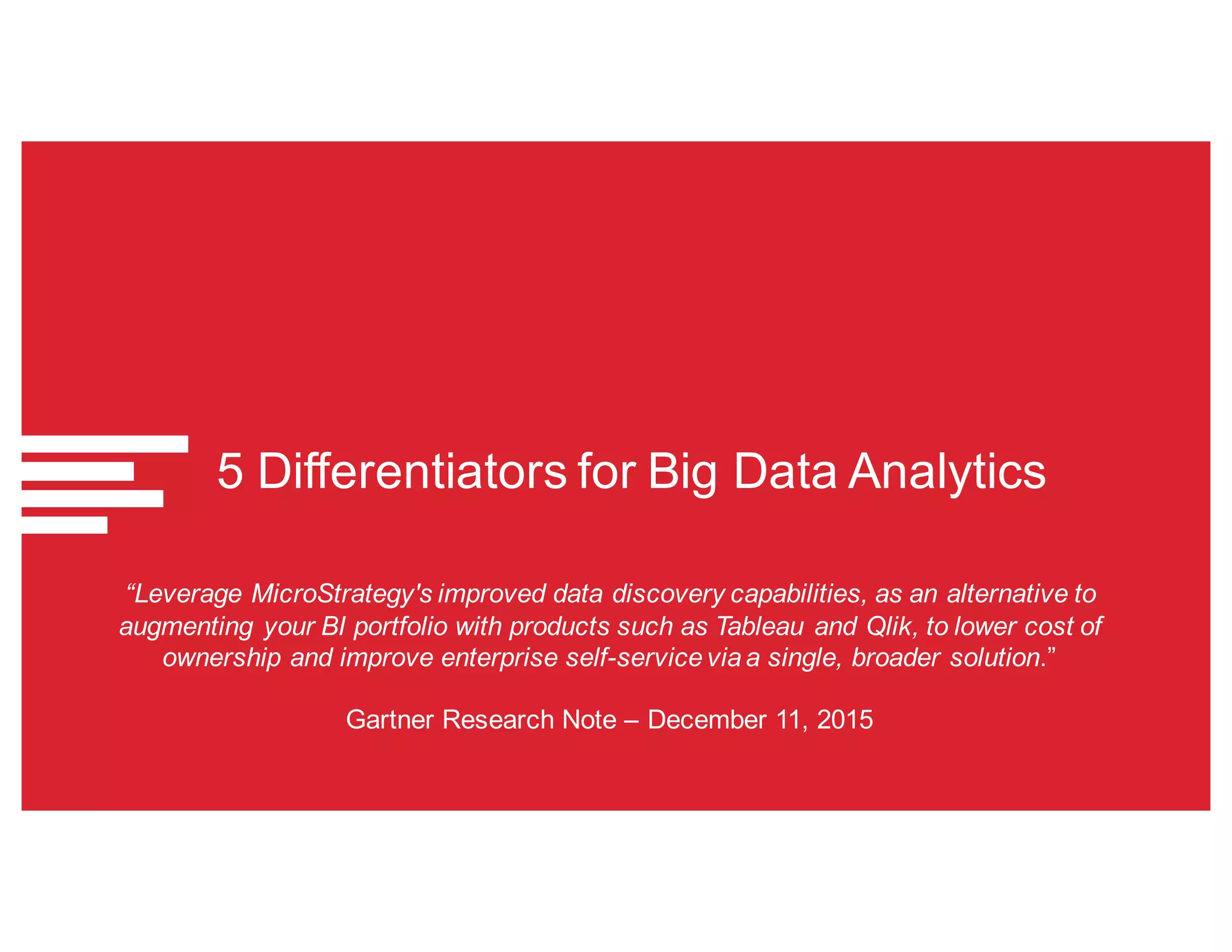 5 Differentiators for Big Data Analytics
“Leverage MicroStrategy's improved data discovery capabilities, as an alternative to
augmenting your BI portfolio with products such as Tableau and Qlik, to lower cost of
ownership and improve enterprise self-serviceviaa single, broader solution.”
Gartner Research Note – December 11, 2015
 