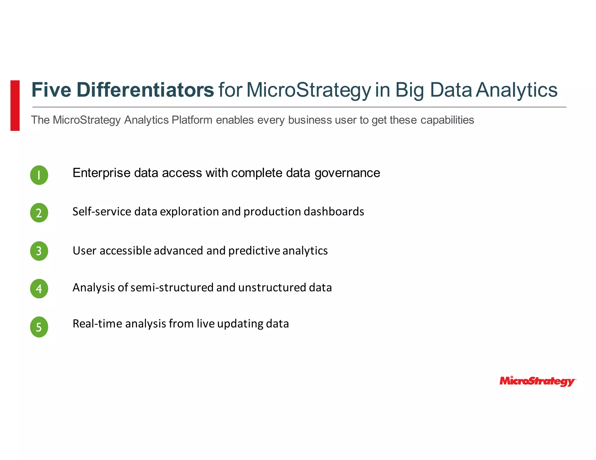 Enterprise data access with complete data governance
Self-service	data	exploration	and	production	dashboards
User	accessible	advanced	and	predictive	analytics
Analysis	of	semi-structured	and	unstructured	data
Real-time	analysis	from	live	updating	data
1
2
3
4
5
Five Differentiators for MicroStrategy in Big DataAnalytics
The MicroStrategy Analytics Platform enables every business user to get these capabilities
 