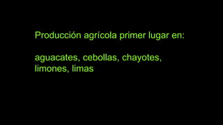 Producción agrícola primer lugar en:
aguacates, cebollas, chayotes,
limones, limas
 