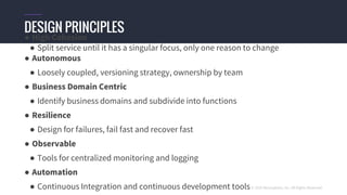 © 2016 Mesosphere, Inc. All Rights Reserved.
● High Cohesion
● Split service until it has a singular focus, only one reason to change
● Autonomous
● Loosely coupled, versioning strategy, ownership by team
● Business Domain Centric
● Identify business domains and subdivide into functions
● Resilience
● Design for failures, fail fast and recover fast
● Observable
● Tools for centralized monitoring and logging
● Automation
● Continuous Integration and continuous development tools
DESIGN PRINCIPLES
 