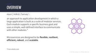 © 2016 Mesosphere, Inc. All Rights Reserved.
noun | ˈmīkrō/ /ˈsərvəs/ :
an approach to application development in which a
large application is built as a suite of modular services.
Each module supports a specific business goal and
uses a simple, well-defined interface to communicate
with other modules.*
Microservices are designed to be flexible, resilient,
efficient, robust, and scalable.
*From whatis.com
OVERVIEW
 
