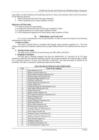 A Study On Growth And Productivity Of Indian Sugar Companies
www.iosrjournals.org 2 | Page
sugar trade via export limitations and marketing restrictions. Hence, the researcher wants to know the answers
for the following questions:
1. What is the growth and trend of the sugar companies?
2. What is the productivity of sugar companies in India?
Objectives Of The Study
1. To study the process of sugar industry.
2. To analyze the Growth and Trend of select sugar companies in India.
3. To study the productivity of select sugar companies in India.
4. To offer findings and suggestions for improving the sugar companies in India.
II. Methodology And Tools Used
It is a way to systematically solve the given problem. In order to achieve the objectives the following
methodology has been used:
Sources of data
The study is mainly based on secondary data through various journals, magazines etc . The most
widely-used empowered Capitaline database built by Capital Market India Pvt Ltd, Mumbai forms the source of
data.
 Period of the study
The study covers a period of 10 years from the year 2001-2002 to 2010-2011.
 Sampling Techniques
The first step in selecting companies has been the identification of a universal set of 119 sugar
companies compiled by the Capitaline database of which only 34 sugar companies have financial data available
for a continuous period of 10 years from 2001-2002 to 2010-2011. The study proceeded by filtering by the
availability of the data, a Convenience sampling technique has been adopted .
LIST OF SELECTED SUGAR COMPANIES
S.No Name of the company
1 Bajaj Hindusthan Ltd
2 Bannari Amman Sugars Ltd
3 Dalmia Bharat Sugar & Industries Ltd
4 Dharani Sugars & Chemicals Ltd
5 Dwarikesh Sugar Industries Ltd
6 EID Parry (India) Ltd
7 Empee Sugars & Chemicals Ltd
8 Gayatri Sugars Ltd
9 Girdharilal Sugar & Allied Industries Ltd
10 India Sugars & Refineries Ltd
11 Indian Sucrose Ltd
12 Jeypore Sugar Company Ltd
13 KCP Sugar & Industries Corporation Ltd
14 Kesar Enterprises Ltd
15 KM Sugar Mills Ltd
16 Kothari Sugars & Chemicals Ltd
17 Oudh Sugar Mills Ltd
18 Parrys Sugar Industries Ltd
19 Piccadily Agro Industries Ltd
20 Piccadily Sugar & Allied Inds Ltd
21 Ponni Sugars (Erode) Ltd
22 Prudential Sugar Corporation Ltd
23 Rajshree Sugars & Chemicals Ltd
24 Shree Renuka Sugars Ltd
25 Simbhaoli Sugars Ltd
26 Sir ShadiLal Enterprises Ltd
27 Sri Chamundeswari Sugars Ltd
 
