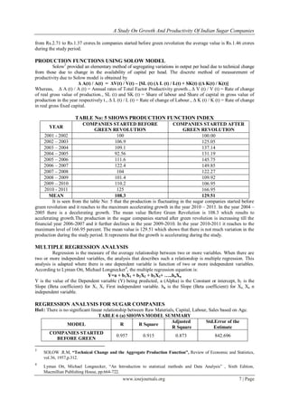 A Study On Growth And Productivity Of Indian Sugar Companies
www.iosrjournals.org 7 | Page
from Rs.2.71 to Rs.1.37 crores.In companies started before green revolution the average value is Rs.1.46 crores
during the study period.
PRODUCTION FUNCTIONS USING SOLOW MODEL
Solow3
provided an elementary method of segregating variations in output per head due to technical change
from those due to change in the availability of capital per head. The discrete method of measurement of
productivity due to Solow model is obtained by
Δ A(t) / A(t) = ΔV(t) / V(t) – [SL (t) (Δ L (t) / L(t) + SK(t) ((Δ K(t) / K(t)]
Whereas, Δ A (t) / A (t) = Annual rates of Total Factor Productivity growth., Δ V (t) / V (t) = Rate of change
of real gross value of production., SL (t) and SK (t) = Share of labour and Share of capital in gross value of
production in the year respectively t., Δ L (t) / L (t) = Rate of change of Labour., Δ K (t) / K (t) = Rate of change
in real gross fixed capital.
TABLE No: 5 SHOWS PRODUCTION FUNCTION INDEX
YEAR
COMPANIES STARTED BEFORE
GREEN REVOLUTION
COMPANIES STARTED AFTER
GREEN REVOLUTION
2001 - 2002 100 100.00
2002 – 2003 106.9 125.05
2003 – 2004 109.1 137.14
2004 – 2005 92.56 131.19
2005 – 2006 111.6 145.75
2006 – 2007 122.4 149.85
2007 – 2008 104 122.27
2008 – 2009 101.4 109.92
2009 – 2010 110.2 106.95
2010 - 2011 125 166.95
MEAN 108.3 129.51
It is seen from the table No: 5 that the production is fluctuating in the sugar companies started before
green revolution and it reaches to the maximum accelerating growth in the year 2010 – 2011. In the year 2004 –
2005 there is a decelerating growth. The mean value Before Green Revolution is 108.3 which results to
accelerating growth.The production in the sugar companies started after green revolution is increasing till the
financial year 2006-2007 and it further declines in the year 2009-2010. In the year 2010-2011 it reaches to the
maximum level of 166.95 percent. The mean value is 129.51 which shows that there is not much variation in the
production during the study period. It represents that the growth is accelerating during the study.
MULTIPLE REGRESSION ANALYSIS
Regression is the measure of the average relationship between two or more variables. When there are
two or more independent variables, the analysis that describes such a relationship is multiple regression. This
analysis is adapted where there is one dependent variable is function of two or more independent variables.
According to Lyman Ott, Michael Longnecker4
, the multiple regression equation is:
Y=a + b1X1 + b2X2 + b3X3+ …..bnXn
Y is the value of the Dependent variable (Y) being predicted, a (Alpha) is the Constant or intercept, b1 is the
Slope (Beta coefficient) for X1, X1 First independent variable. bn is the Slope (Beta coefficient) for Xn, Xn n
independent variable.
REGRESSION ANALYSIS FOR SUGAR COMPANIES
Ho1: There is no significant linear relationship between Raw Materials, Capital, Labour, Sales based on Age.
TABLE 6 (a) SHOWS MODEL SUMMARY
MODEL R R Square
Adjusted
R Square
Std.Error of the
Estimate
COMPANIES STARTED
BEFORE GREEN
0.957 0.915 0.873 842.696
3
SOLOW .R.M, “Technical Change and the Aggregate Production Function”, Review of Economic and Statistics,
vol.36, 1957,p.312.
4
Lyman Ott, Michael Longnecker, “An Introduction to statistical methods and Data Analysis” , Sixth Edition,
Macmillian Publishing House, pp.664-722.
 