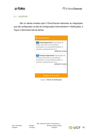 A097 - Manual do Usuário F-OmniChannel v.1
Autor: Jean Richard Alteração: Aprovador: Rodrigo Schiavini
1031/08/2015 14/10/2015 31/08/2015
2.1 ALERTAS
São os alertas emitidos pelo F-OmniChannel referentes as integrações,
que são configurados na tela de Configurações Administrativa<< Notificações, a
Figura 2 demonstra tela de alertas.
Figura 2: Alertas de Notificações.
 