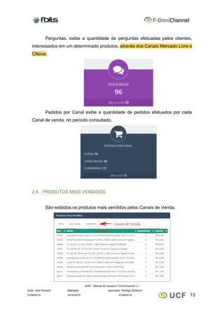 A097 - Manual do Usuário F-OmniChannel v.1
Autor: Jean Richard Alteração: Aprovador: Rodrigo Schiavini
1331/08/2015 14/10/2015 31/08/2015
Perguntas, exibe a quantidade de perguntas efetuadas pelos clientes,
interessados em um determinado produtos, através dos Canais Mercado Livre e
CNova.
Pedidos por Canal exibe a quantidade de pedidos efetuados por cada
Canal de venda, no período consultado.
2.4 PRODUTOS MAIS VENDIDOS
São exibidos os produtos mais vendidos pelos Canais de Venda.
 